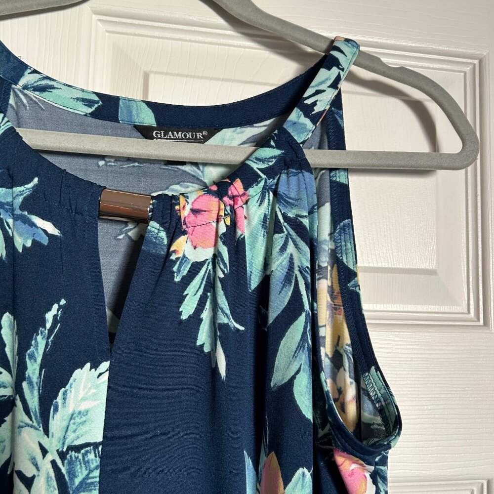 Glamour women maxi dress size 10 blue floral round neck sleeveless cutout gold - Picture 14 of 15